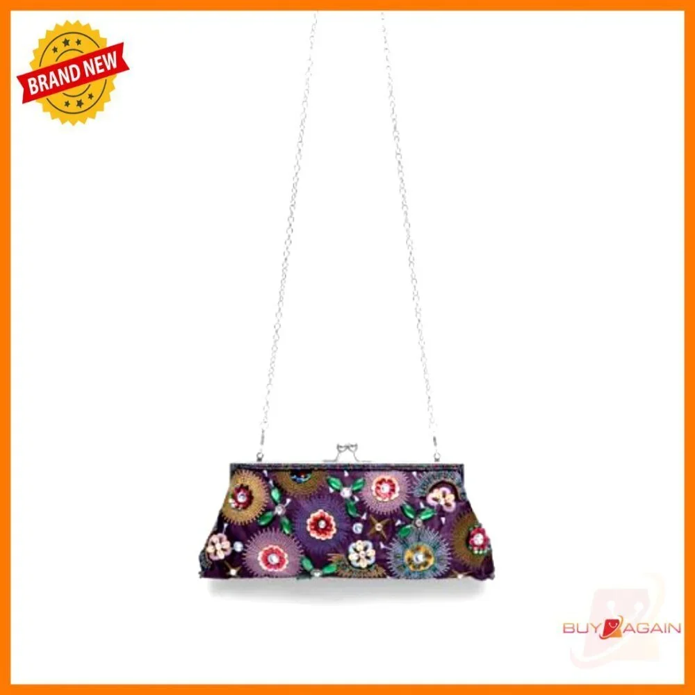 Vintage Floral Embroidered Sequined Evening Clutch Purse with Chain Strap
